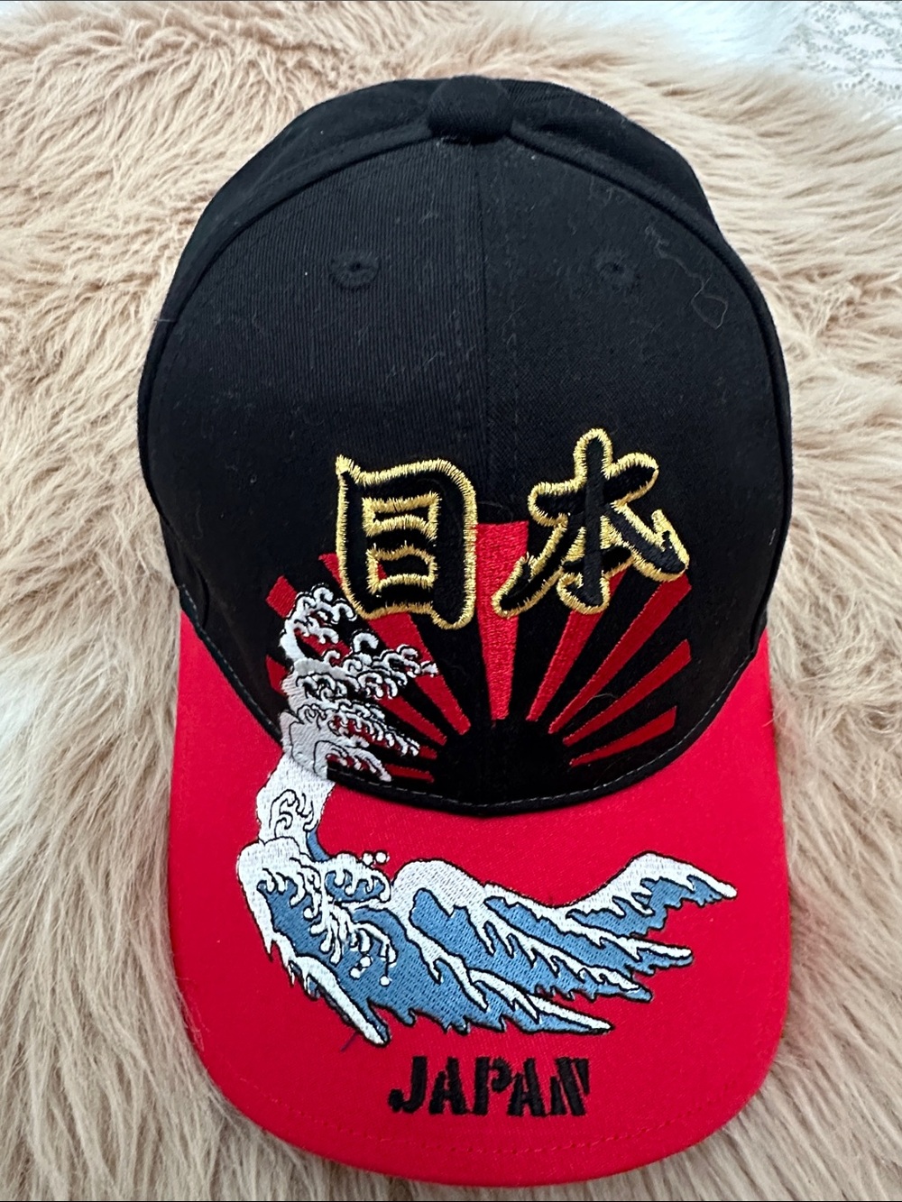 Japan Embroidered Wave Baseball Cap - Black & Red